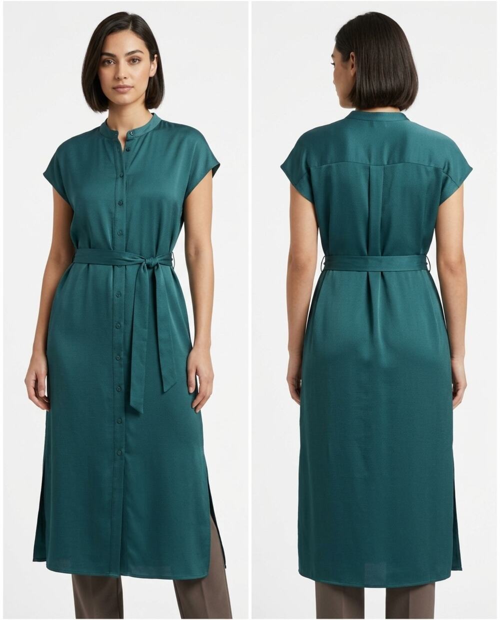Banana Republic Factory Green Satin Belted Midi Shirt Dress Women Size S